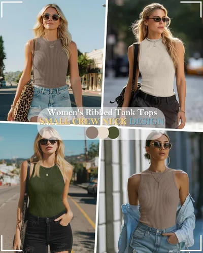 Miniatura 3 de Paquete de 3 camisetas sin mangas de algodón para mujer, de punto acanalado, casuales, básicas, de cuello redondo, ajustadas, de verano, con espalda