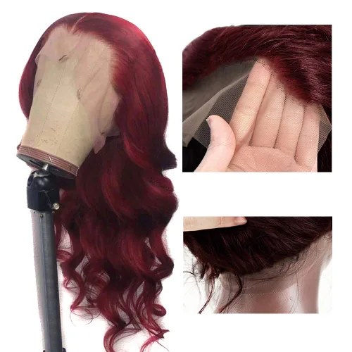 Miniatura 7 de Peluca de color burdeos 99J invisible falso cuero cabelludo encaje frontal pelucas de cabello humano brasileño Remy línea capilar natural 13x4 parte