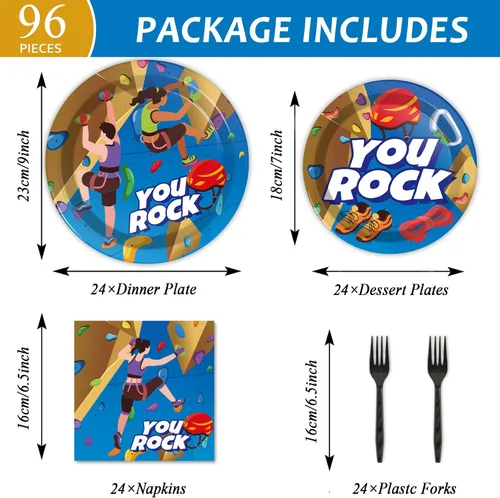 Miniatura 2 de 96 piezas de platos y servilletas de fiesta de escalada en roca suministros de vajilla desechable para camping, mesa de cena y postre para fiestas