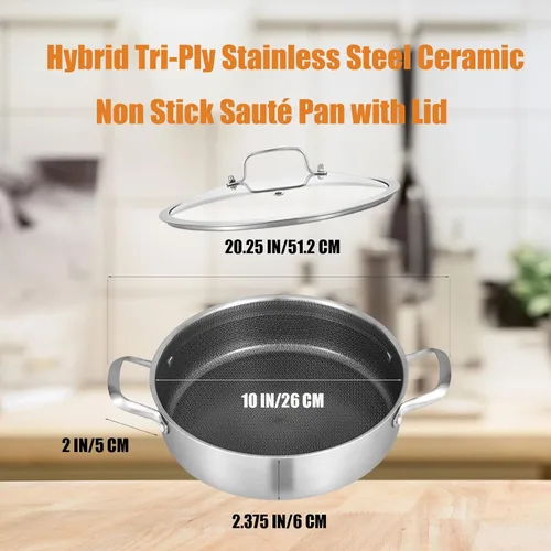 Miniatura 7 de Inqibee 3 QT de acero inoxidable híbrido tricapa antiadherente con tapa, sartén de 10 pulgadas para freír en profundidad con inducción, sartén, olla