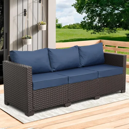 Miniatura 5 de Rattaner Sofá de mimbre para patio de 3 asientos, muebles de sofá de ratán para exteriores con marco de acero con funda para muebles y asiento Azul