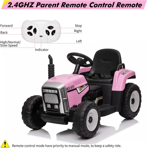 Miniatura 4 de Tractor eléctrico de 12V para niños con batería, con remolque, vehículo de paseo para niños con control remoto/ 7 faros LED/ cambios de marcha 2+1