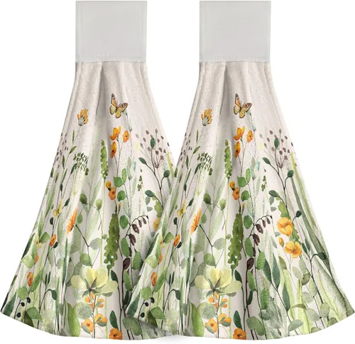 Miniatura 29 de Poppy Flower Hanging Hand Towels Set of 2,17x12 Inch Watercolor Chinoiserie Yellow Black Floral Soft Absorbent Dish Cloth Tie Towel for Kitchen