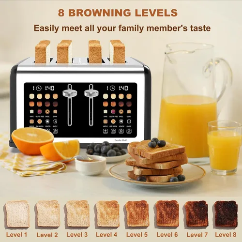 Miniatura 5 de Tostadora de 4 rebanadas con pantalla táctil, tostadoras de acero inoxidable con temporizador digital, tostadoras de panel de control dual, 8