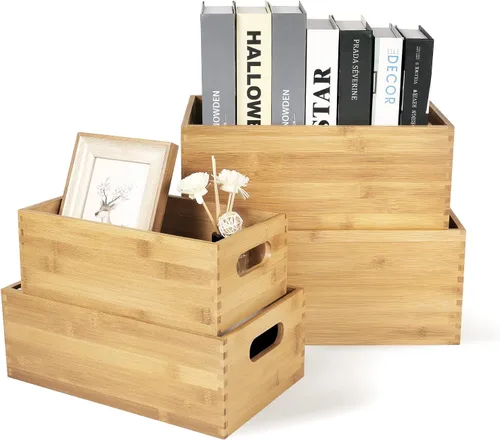 Miniatura 7 de ANMINY Juego de 4 cajas de madera anidables para almacenamiento, contenedores de almacenamiento de madera de bambú, cajas de almacenamiento