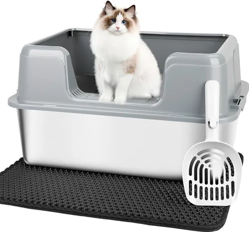Miniatura 7 de Vivifying Caja de arena para gatos de acero inoxidable, caja de arena grande semicerrada con tapa y alfombra, bandeja de metal antifugas para una