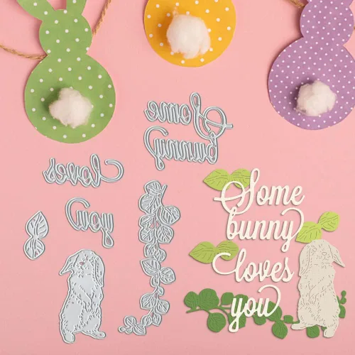 Miniatura 5 de Troqueles de conejo de Pascua de metal para hacer tarjetas, palabras de Pascua, hojas, marco de encaje, troqueles de corte para decoración de LAEVES