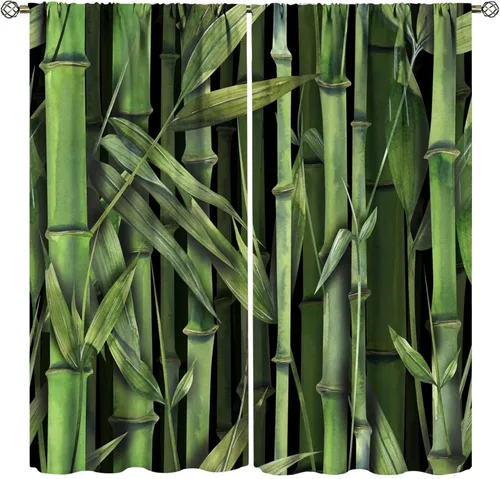 Miniatura 17 de Cortinas con estampado de bambú verde natural, plantas asiáticas, japonesas, tallos rústicos, hojas, cortina de selva con bolsillo para cortinero