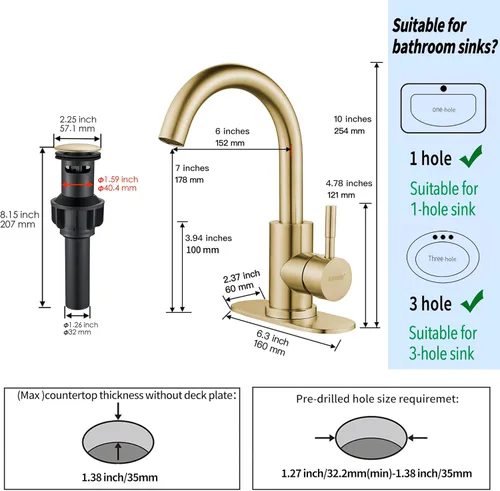 Miniatura 4 de Grifo de lavabo de baño de un solo agujero, oro cepillado, moderno grifo de baño de una sola manija grifo de barra de acero inoxidable comercial
