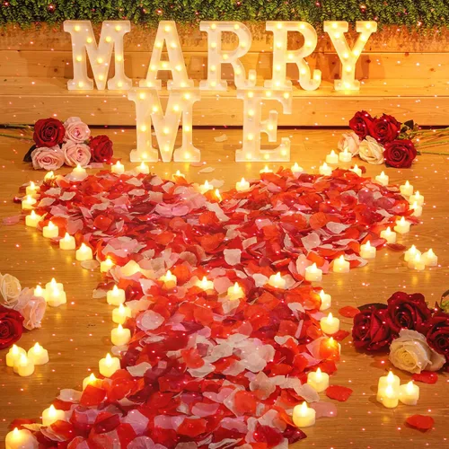 Miniatura 7 de Fumete Luces de Letras "Cásate Conmigo", Luz Nocturna Decorativa con 4000 Piezas de Pétalos de Rosa, 72 Velas Románticas, Alimentación USB para Rojo