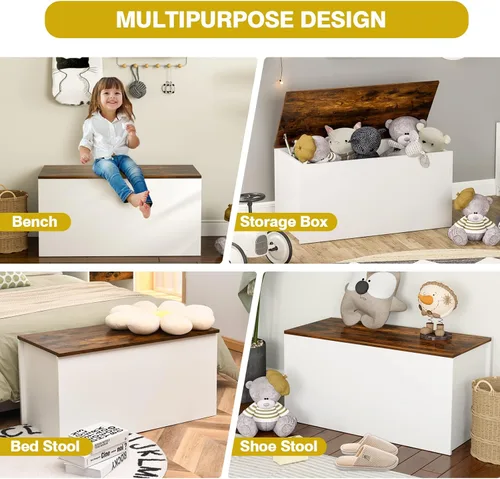 Miniatura 7 de Costzon Baúl de almacenamiento de juguetes, banco de almacenamiento de madera, baúl otomano con tapa abatible, organizador de gabinete de juguetes