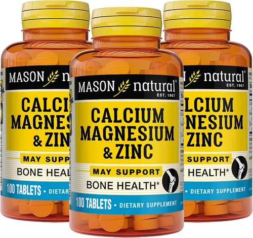 Mason Natural Calcio, magnesio y zinc, suministro para 300 días, apoya la salud ósea normal y el refuerzo del sistema inmunológico, paquete de 3
