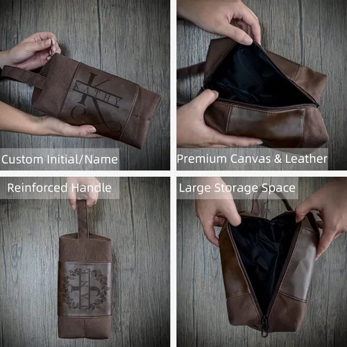 Miniatura 3 de Neceser personalizado para hombres, kit de afeitado de cuero de lona para padrinos de boda, nombre grabado/inicial, bolsa de viaje hecha a mano