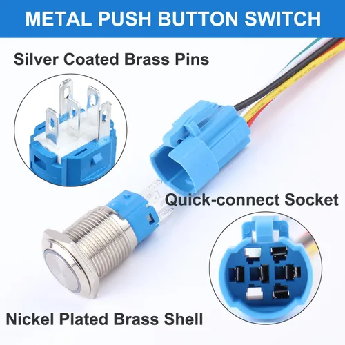 Miniatura 3 de 2 unids 0.630 in metal pestillo interruptor de botón 12V-24V ON-Off 5Pins 1NO 1NC con coleta para agujero de montaje de 5/8 pulgadas impermeable Azul
