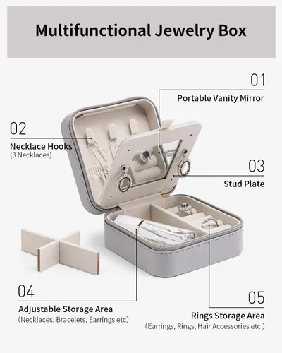 Miniatura 3 de Vlando Pequeño organizador de joyas de viaje, vitrina para niñas, mujeres, regalo anillos, aretes, collares, almacenamiento con espejo gris