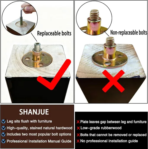 Miniatura 3 de SHANJUE Paquete de 4 patas de madera para muebles de 5 pulgadas, patas de sofá cuadradas negras, patas de silla de mediados de siglo, piezas