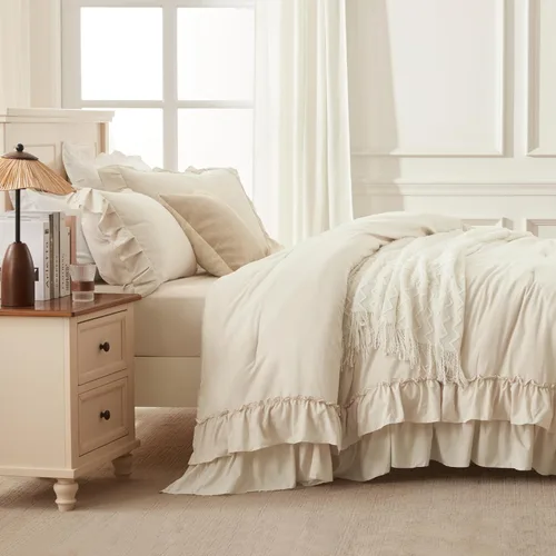 Miniatura 5 de Andency Juego de edredón beige tamaño individual, juego de ropa de cama y colecciones de 2 piezas, bohemio, ligero, esponjoso, con volantes