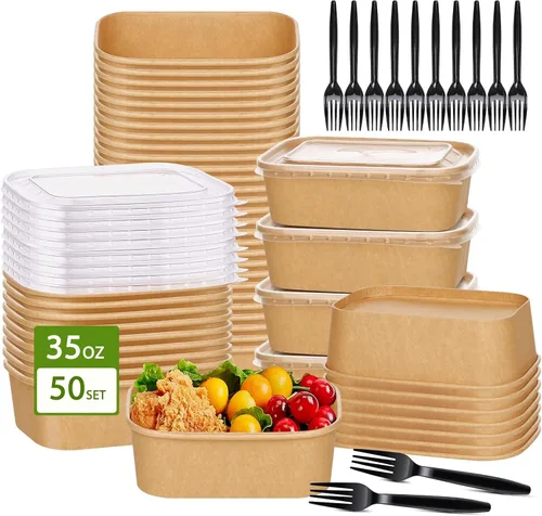 Miniatura 10 de Paquete de 50 cuencos desechables de papel kraft de 19 onzas con tapas y tenedores, recipientes desechables para preparación de comidas, cuencos
