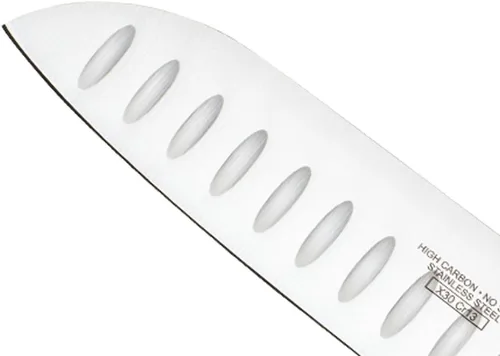 Miniatura 4 de Mercer Culinary Millennia Colors - Cuchillo Santoku, borde Granton de 7 pulgadas, color rojo