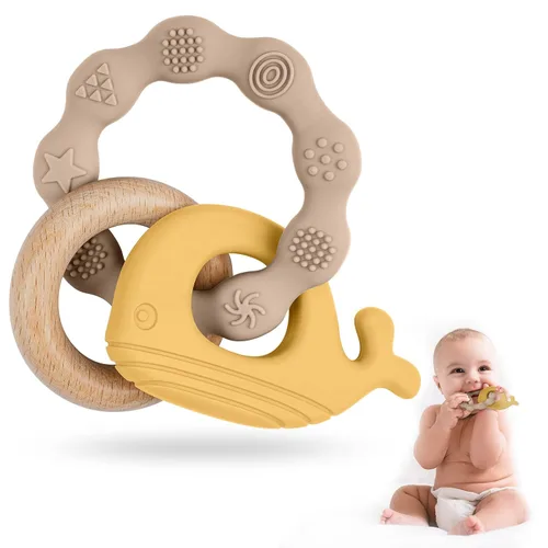 Miniatura 8 de Vicloon Juguetes mordedores para bebés, anillo de silicona y madera natural, juguetes de dentición para bebés de más de 3 meses, anillos masticables