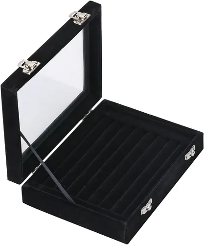 Ivosmart Caja de almacenamiento de 7 ranuras para anillos de cristal de terciopelo, caja de almacenamiento para joyas, soporte organizador de