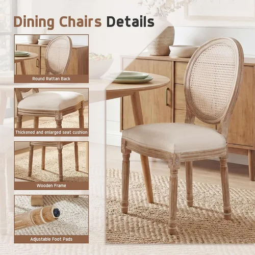 Miniatura 5 de Polar Aurora Juego de 2 sillas de comedor con respaldo cuadrado de tela beige con patas de madera maciza y marco para cocina francesa de campo