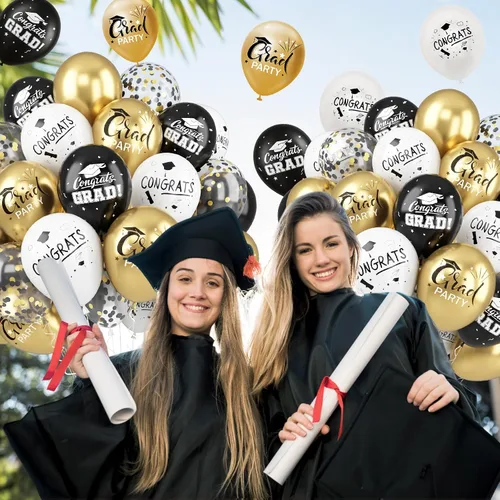 Miniatura 3 de FEYG Globos de graduación, 52 piezas, 12 pulgadas, negro dorado graduación, estampado graduación, clase de 2025, decoraciones de fiesta de graduación