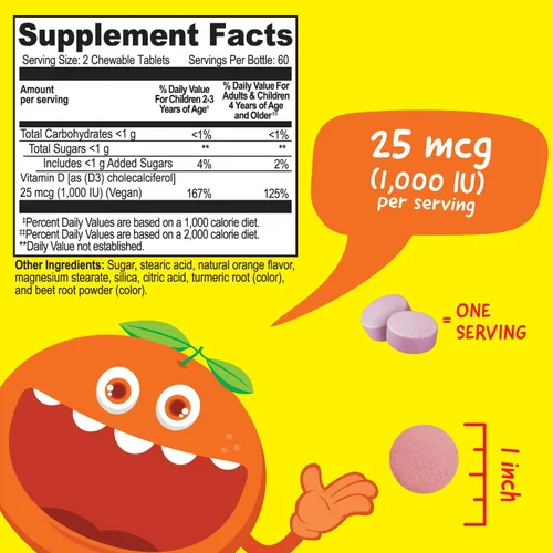 Miniatura 2 de VitaWorks Tabletas masticables de vitamina D de 1000 UI para niños, sabroso sabor natural a naranja, vegano, sin OMG, sin gluten, vitaminas sin