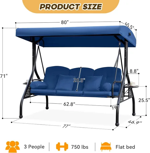 Miniatura 8 de Columpio de porche para exteriores 3 en 1 con toldo ajustable, columpio de 3 asientos para adultos, columpio de patio con cojines gruesos, almohadas