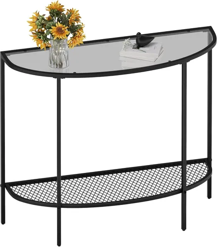 Miniatura 12 de SAYGOER Mesa de consola negra media luna de dos niveles, mesa estrecha para entrada con almacenamiento, mesa moderna para sofá, mesas pequeñas