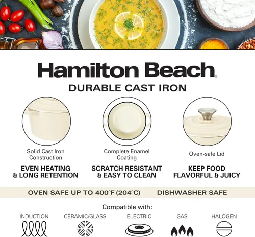 Miniatura 4 de Hamilton Beach Olla holandesa de hierro fundido esmaltado de 3 cuartos de galón con tapa, color crema