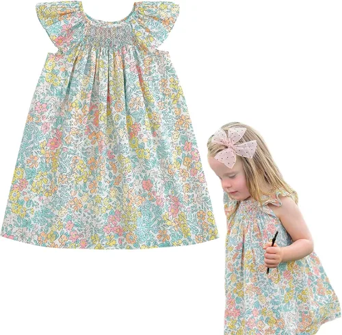 Simplee kids Vestido casual para niñas pequeñas, vestido fruncido con estampado floral para primavera y verano de 1 a 6 años