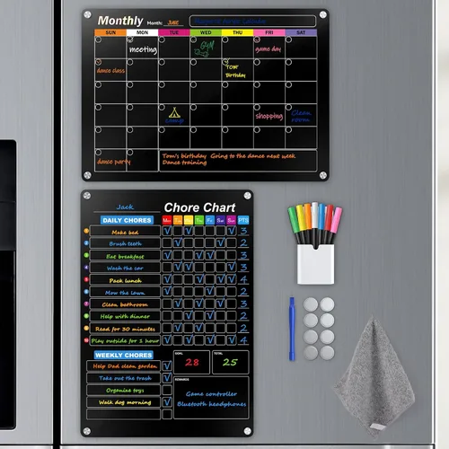 Calendario acrílico magnético negro de borrado en seco para refrigerador, mensual y semanal/tabla de planificación de tareas para niños, adultos,