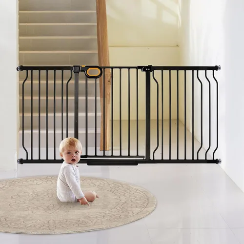 Miniatura 6 de owlie Puerta de escalera para bebé, de 57 a 66 pulgadas, puerta de seguridad extra ancha para bebé y mascotas, puertas ajustables para perros, Negro