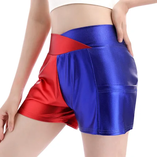 Miniatura 2 de Pantalones cortos de baile brillantes para mujer con frente en V cintura alta para yoga gimnasio fiesta de rave pantalones cortos con bolsillos