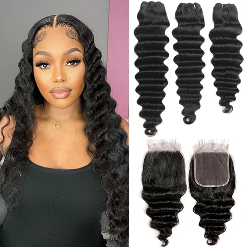 Miniatura 18 de Paquetes de cabello brasileño suelto de onda profunda con cierre, 3 paquetes y cierre de cabello humano de 10, 12, 14+10 pulgadas, 100% sin