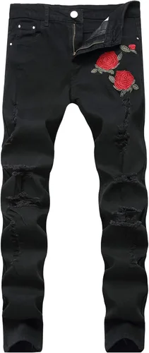 Leward Pantalones de mezclilla ajustados para hombre, rasgados, elásticos, desgastados, elásticos y desgastados