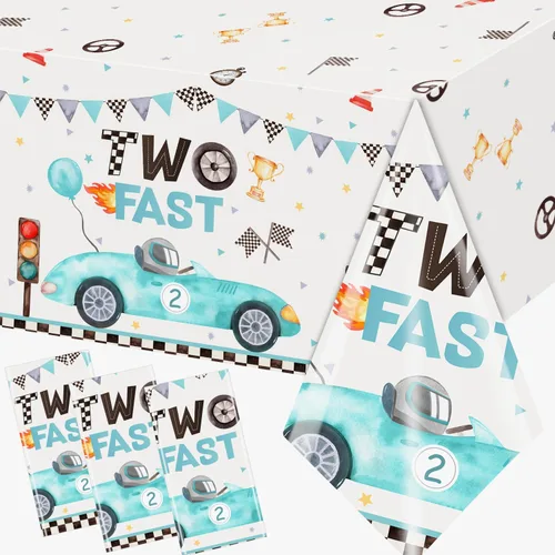 GREHUMOR 3 manteles de cumpleaños de auto de carreras rápidas para niños, banderas azules a cuadros, cubierta de mesa de volante de carreras, mantel
