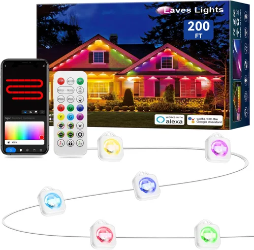 Luces permanentes para exteriores, 200 pies inteligentes IC+RGB luces de Navidad para exteriores con 144 LED, IP67 impermeable LED aleros