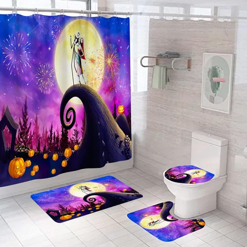Miniatura 9 de Juego de 4 cortinas de ducha de Navidad para niños, decoración de Halloween con 12 ganchos de cortina para baño, impermeable, 71 x 71 pulgadas (D13)