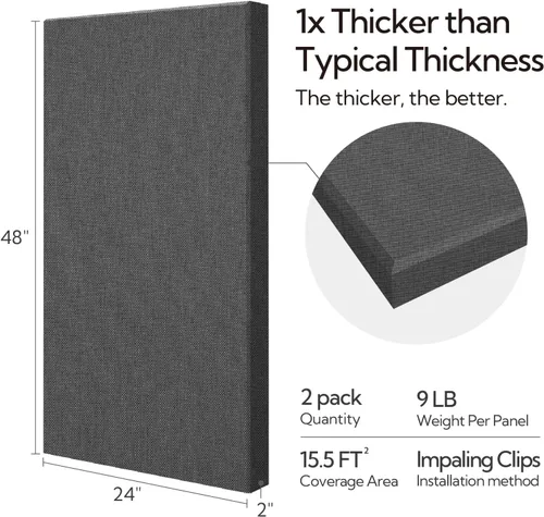Miniatura 4 de Olanglab Paneles de pared acústicos absorbentes de sonido, 2 unidades, paneles de amortiguación de sonido de fibra de vidrio de 2 pulgadas, 24 x 48