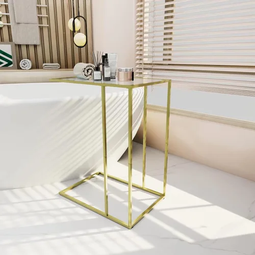 Miniatura 8 de Mesa auxiliar en forma de C, mesa auxiliar para sofá, mesa de refrigerio con vidrio templado y marco de metal, pequeña mesa de bandeja de TV