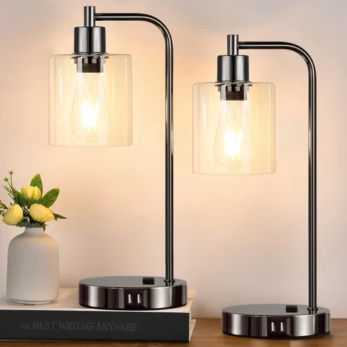 Miniatura 10 de Juego de 2 lámparas de mesa con control táctil industrial - Lámparas de mesita de noche en níquel cepillado con 2 puertos USB y enchufe de CA