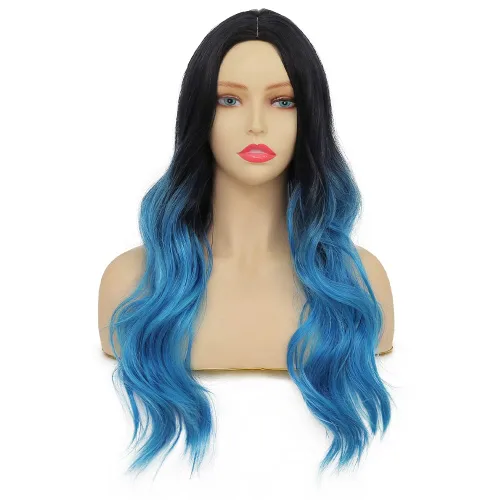 Miniatura 3 de Tseses Pelucas largas y onduladas de color azul degradado para mujer, pelucas de cabello sintético con raíces oscuras, cosplay, fiesta de Halloween