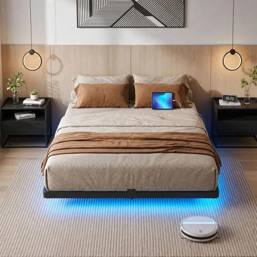 Miniatura 7 de Liians Marco de cama flotante moderno de tamaño completo con luces LED inteligentes, estación de carga USB, plataforma de metal resistente,