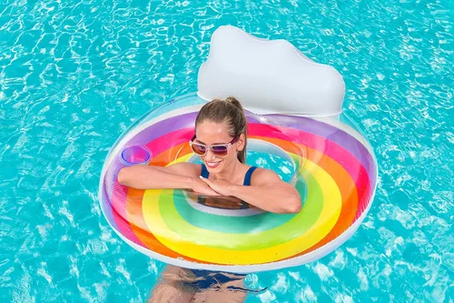 Miniatura 11 de Bestway Anillo de natación grande Flotador inflable de piscina de 42 pulgadas con reposacabezas y soporte para tazas, diseño de arcoíris