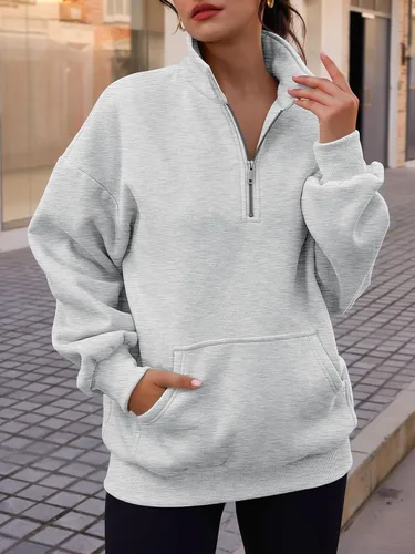 Miniatura 2 de Trendy Queen Sudaderas de gran tamaño con cremallera de un cuarto para mujer, sudaderas con capucha con media cremallera con bolsillos, cuello