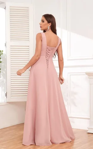 Miniatura 2 de Vestido largo de dama de honor con cuello en V y volantes, de gasa, con abertura, fruncido, acampanado, vestidos formales de noche