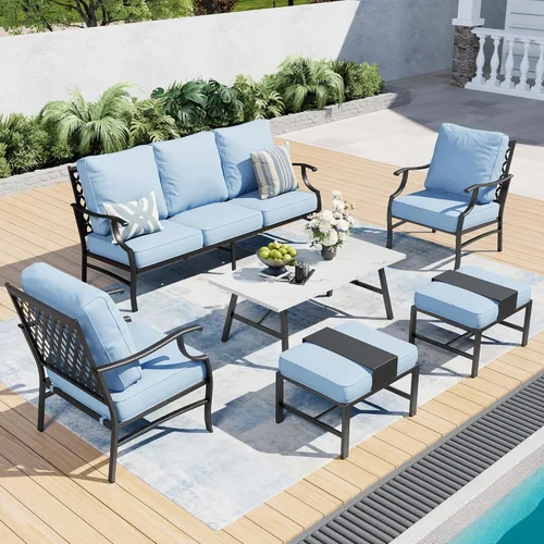Miniatura 32 de SUNSHINE VALLEY Juego de muebles de patio al aire libre de 7 piezas, moderno juego de conversación de patio exterior con cojín extra grueso de 5.75