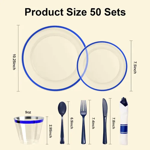 Miniatura 5 de BESTSTAR Juego de 350 platos desechables transparentes y azules para 50 invitados, 100 platos de plástico, 50 vasos, 50 servilletas preenrolladas